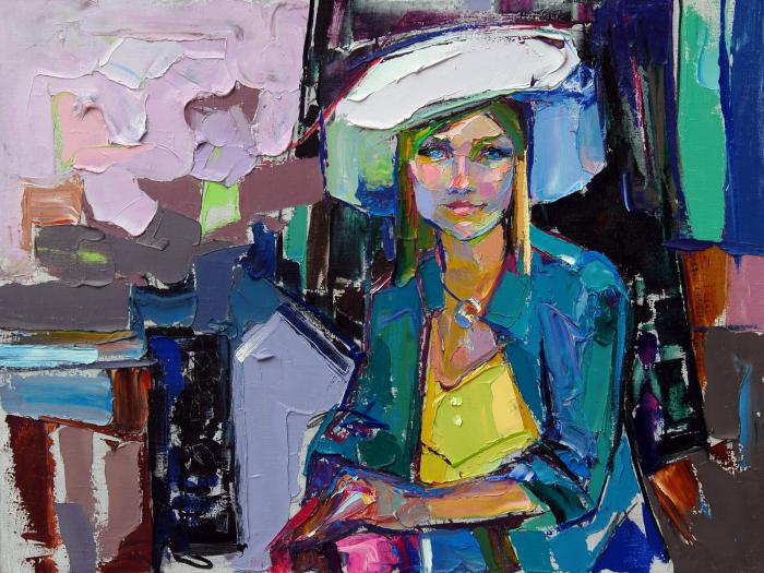 Darya In The White Hat. 90х120cm. Oil on canvas. 2012